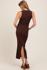 Brown Knit Collared Deep V-Neck Maternity Maxi Dress