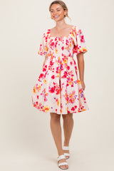 Cream/Red Floral Smocked Top Mini Dress