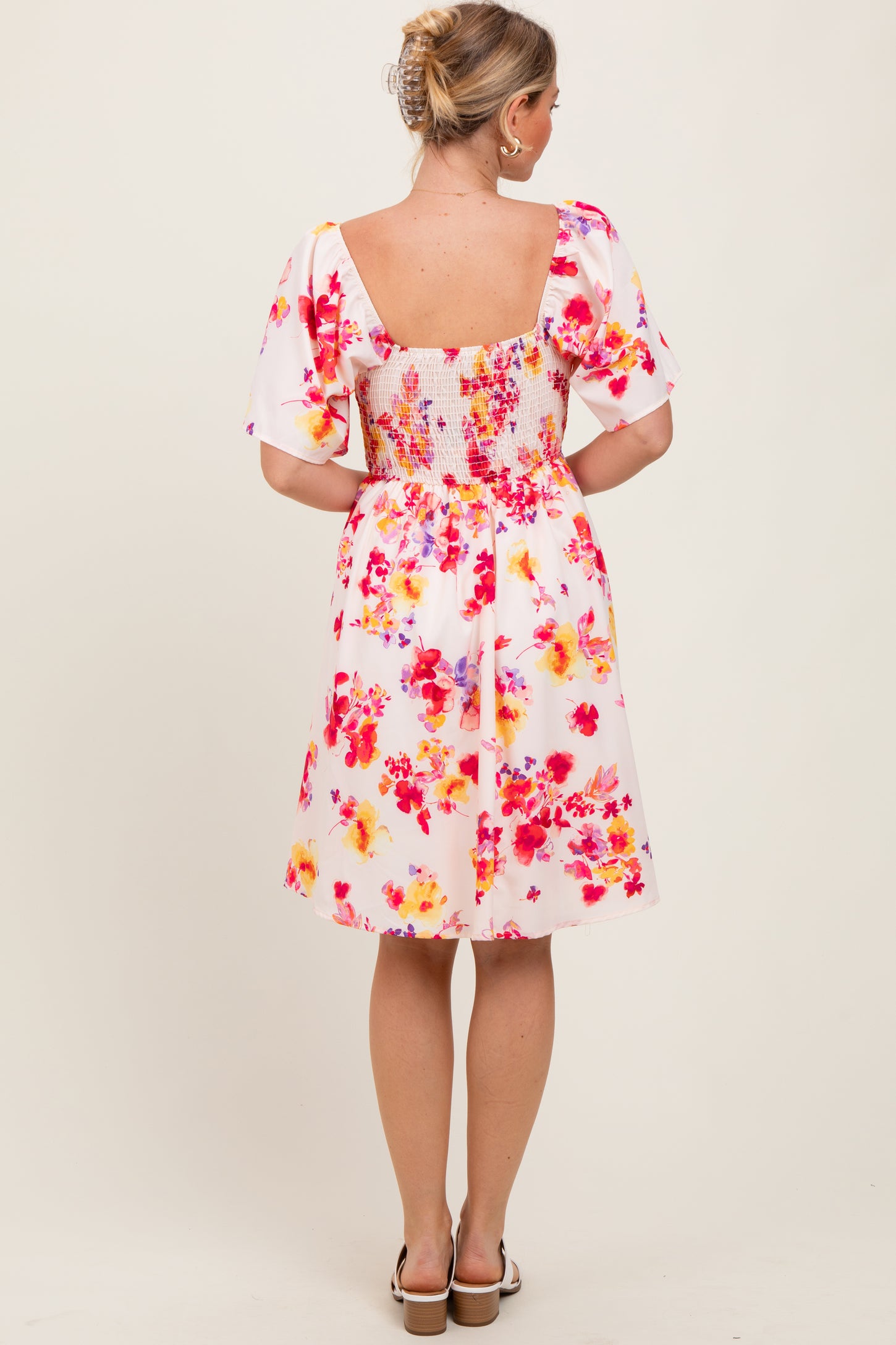 Cream/Red Floral Smocked Top Mini Dress