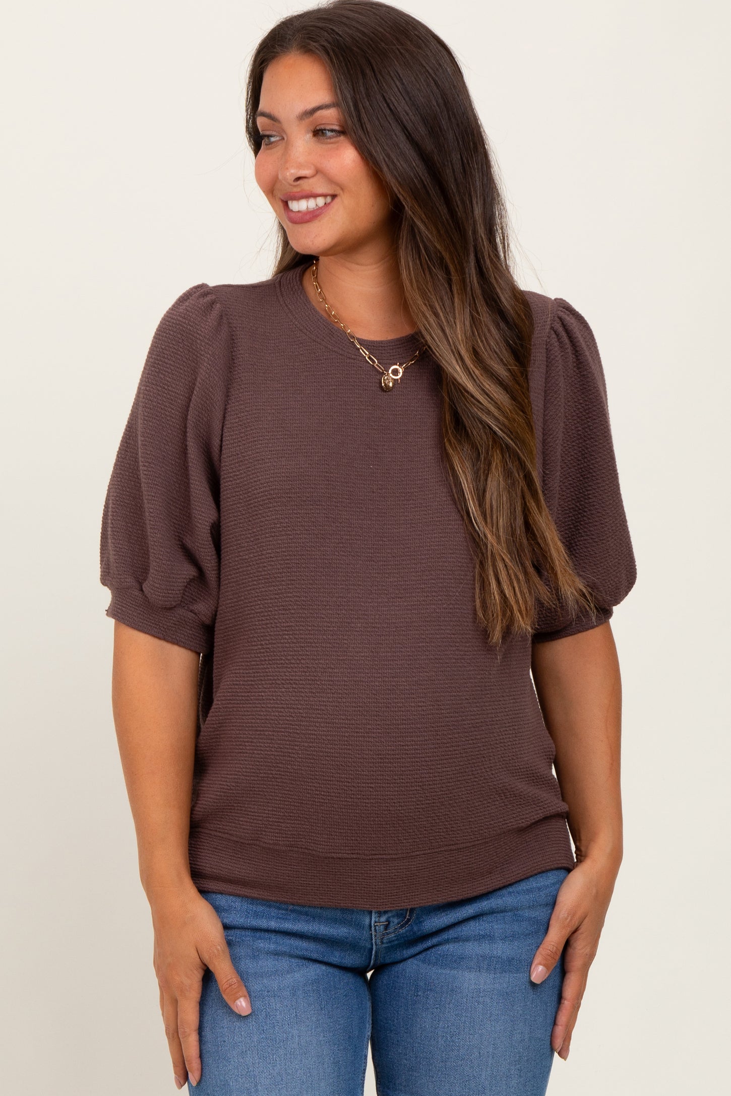 Brown Knit Maternity Puff Sleeve Top