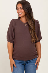 Brown Knit Maternity Puff Sleeve Top