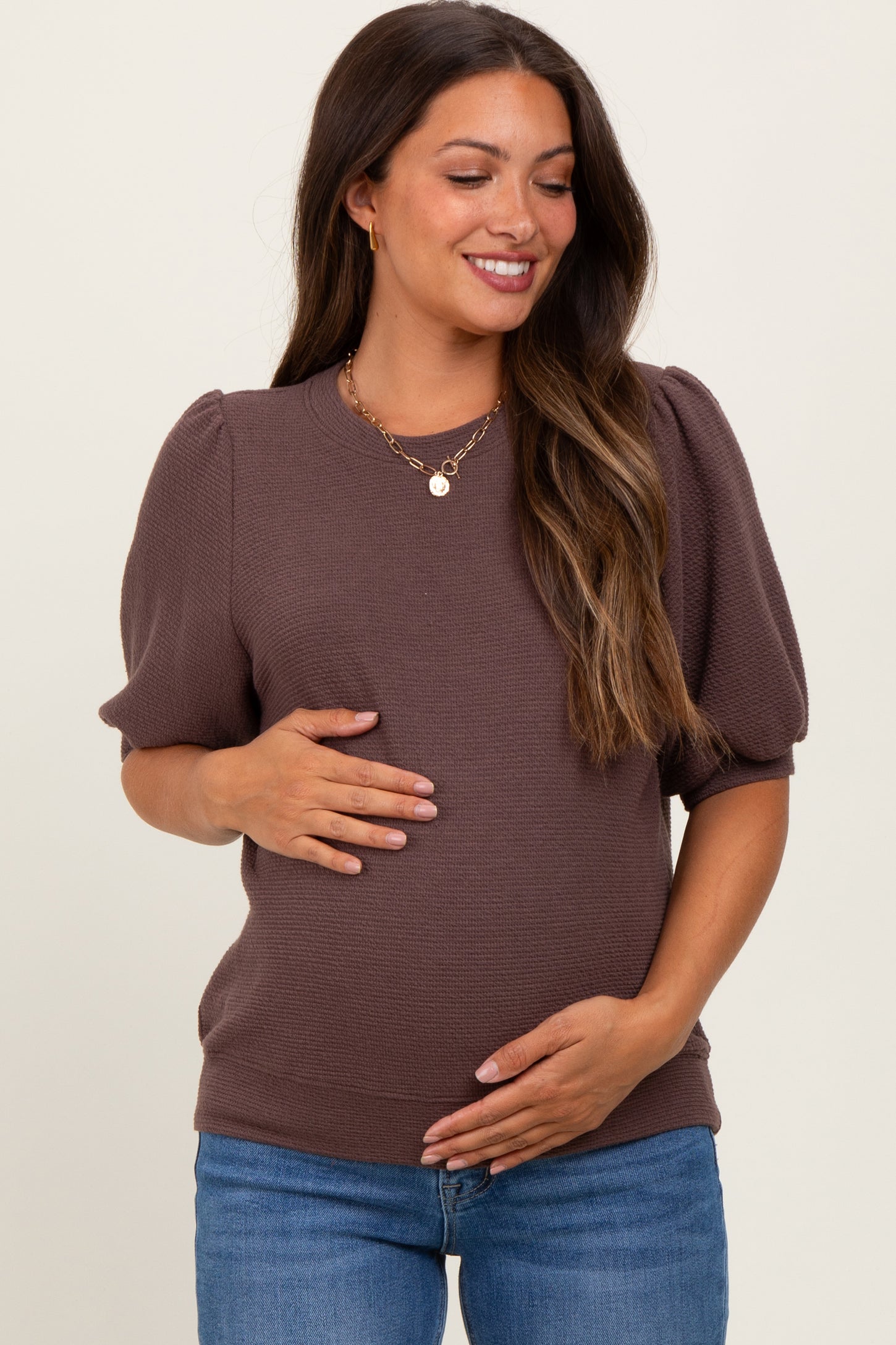 Brown Knit Maternity Puff Sleeve Top
