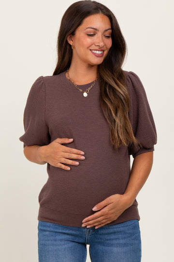 Brown Knit Maternity Puff Sleeve Top