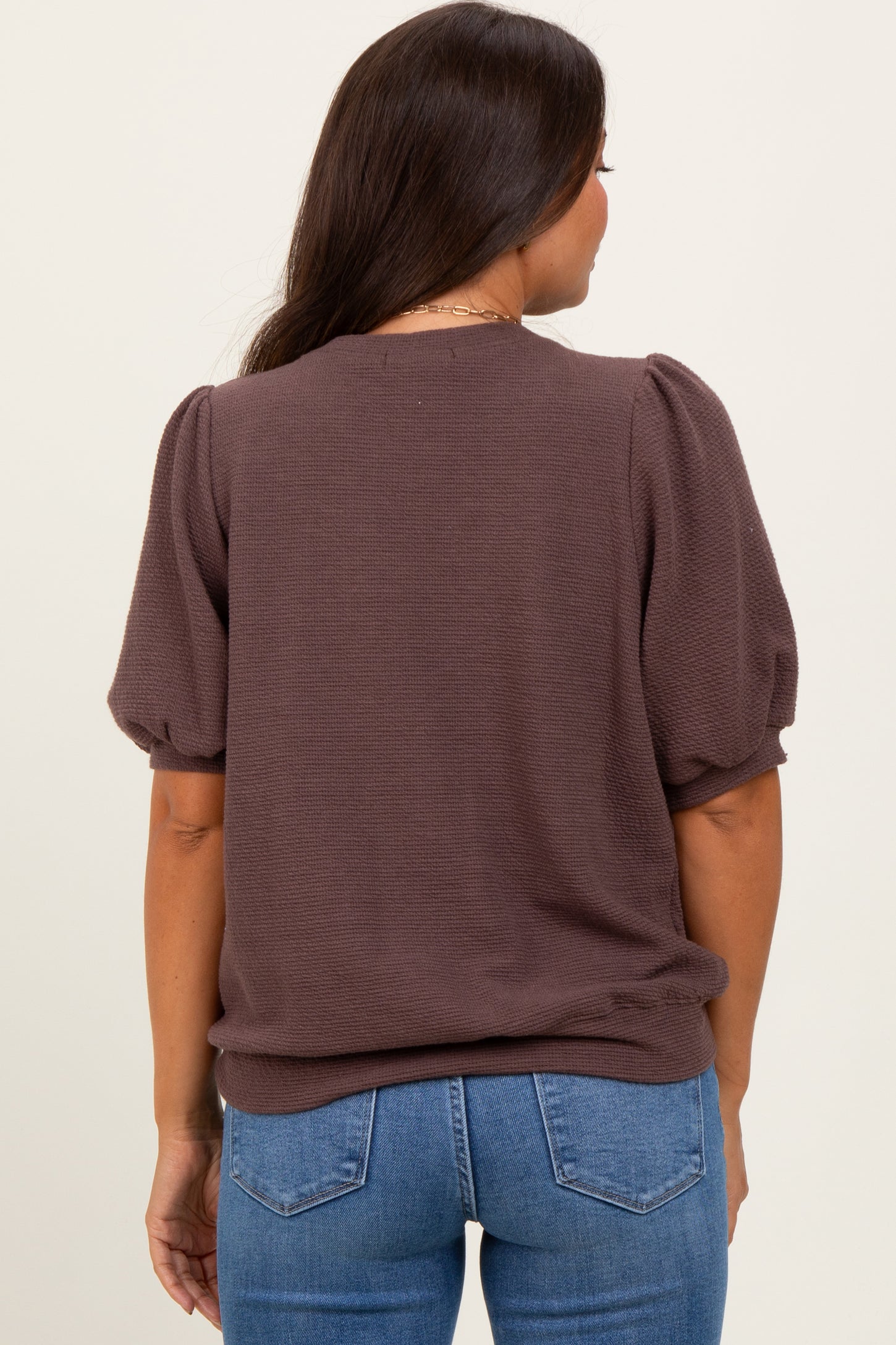 Brown Knit Maternity Puff Sleeve Top