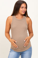 Light Taupe Ribbed Basic Crew Neck Maternity Tank
