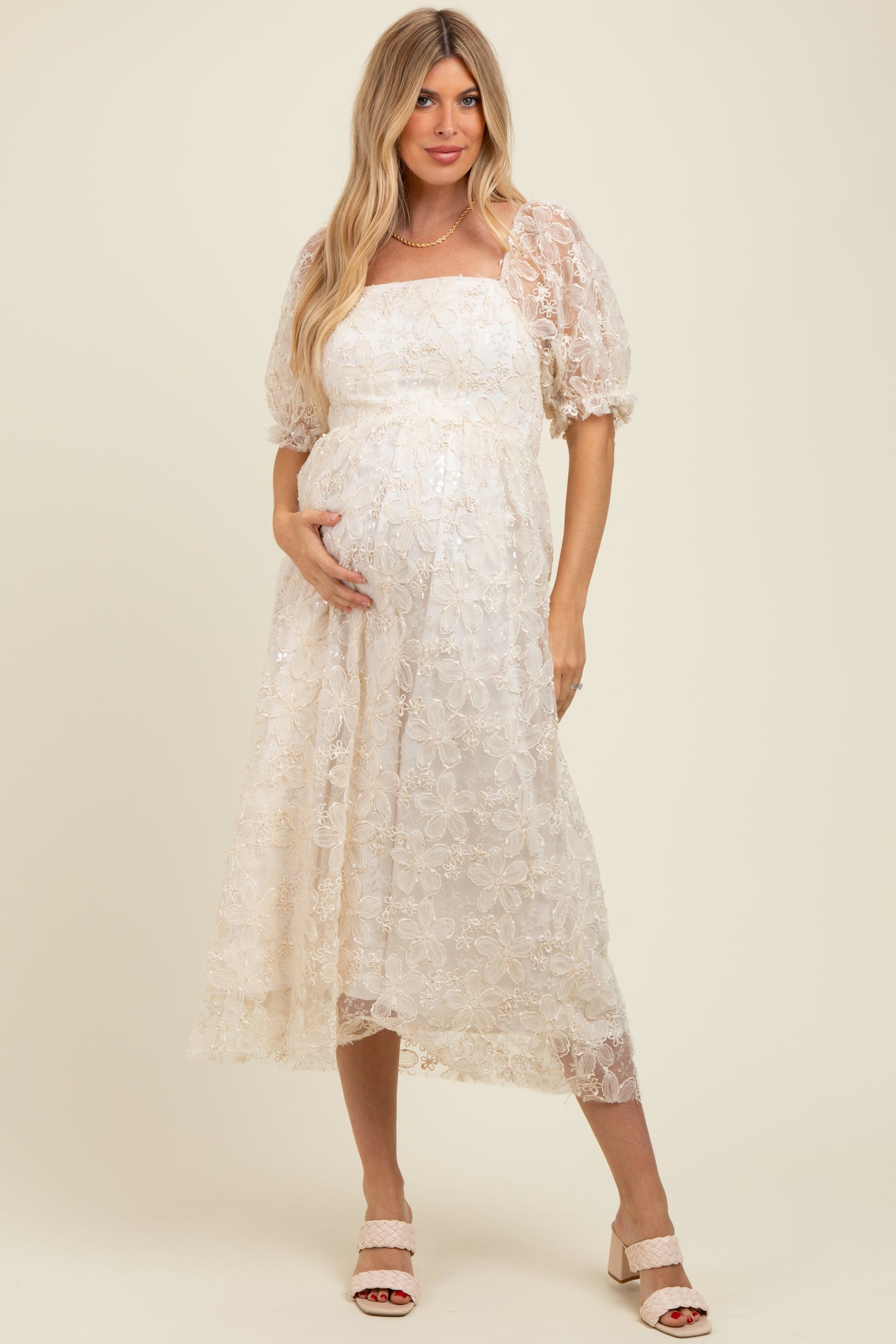 Cream Floral Mesh Overlay Tie Back Maternity Midi Dress