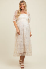 Cream Floral Mesh Overlay Tie Back Maternity Midi Dress