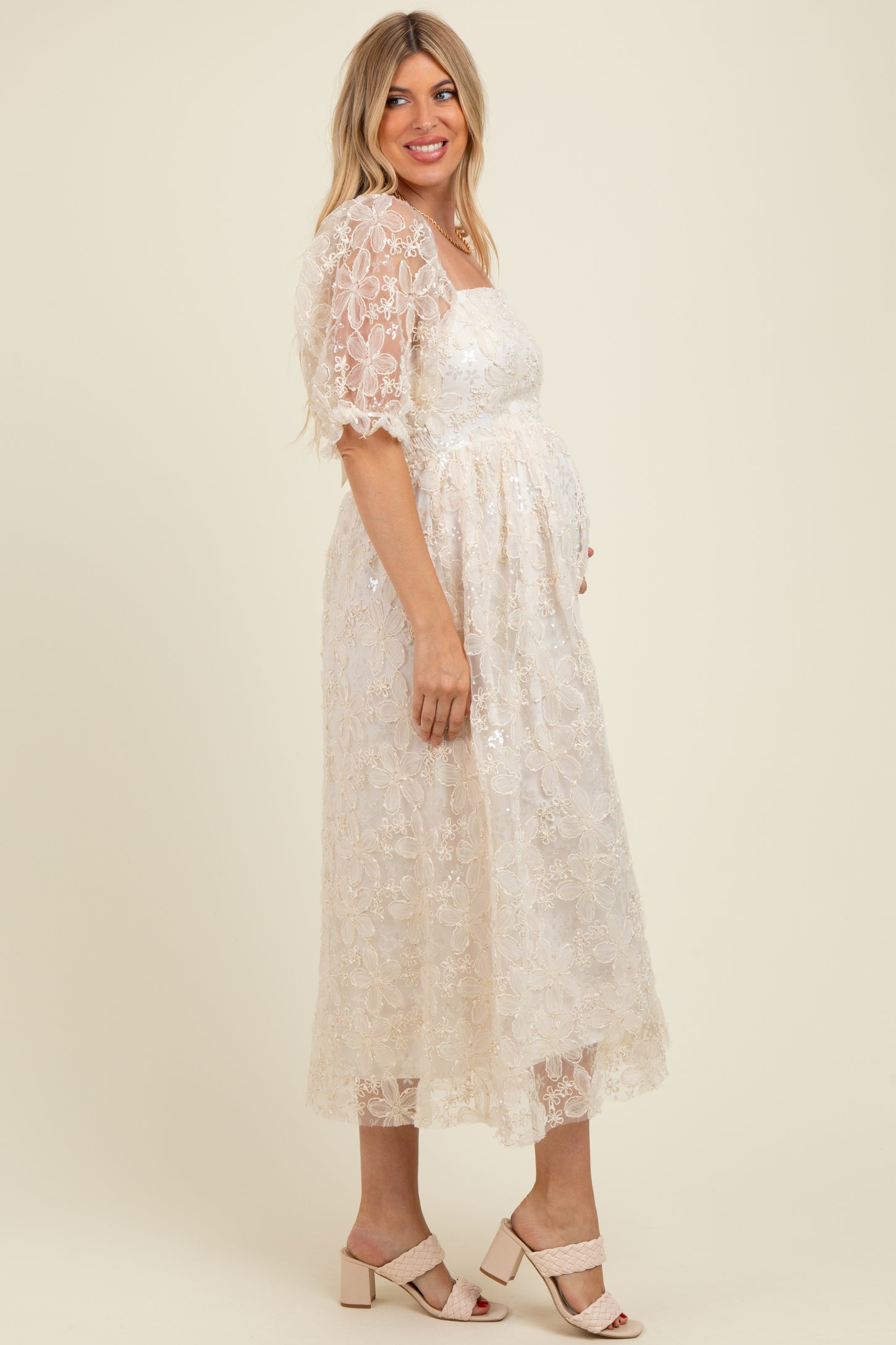 Cream Floral Mesh Overlay Tie Back Maternity Midi Dress