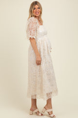 Cream Floral Mesh Overlay Tie Back Maternity Midi Dress
