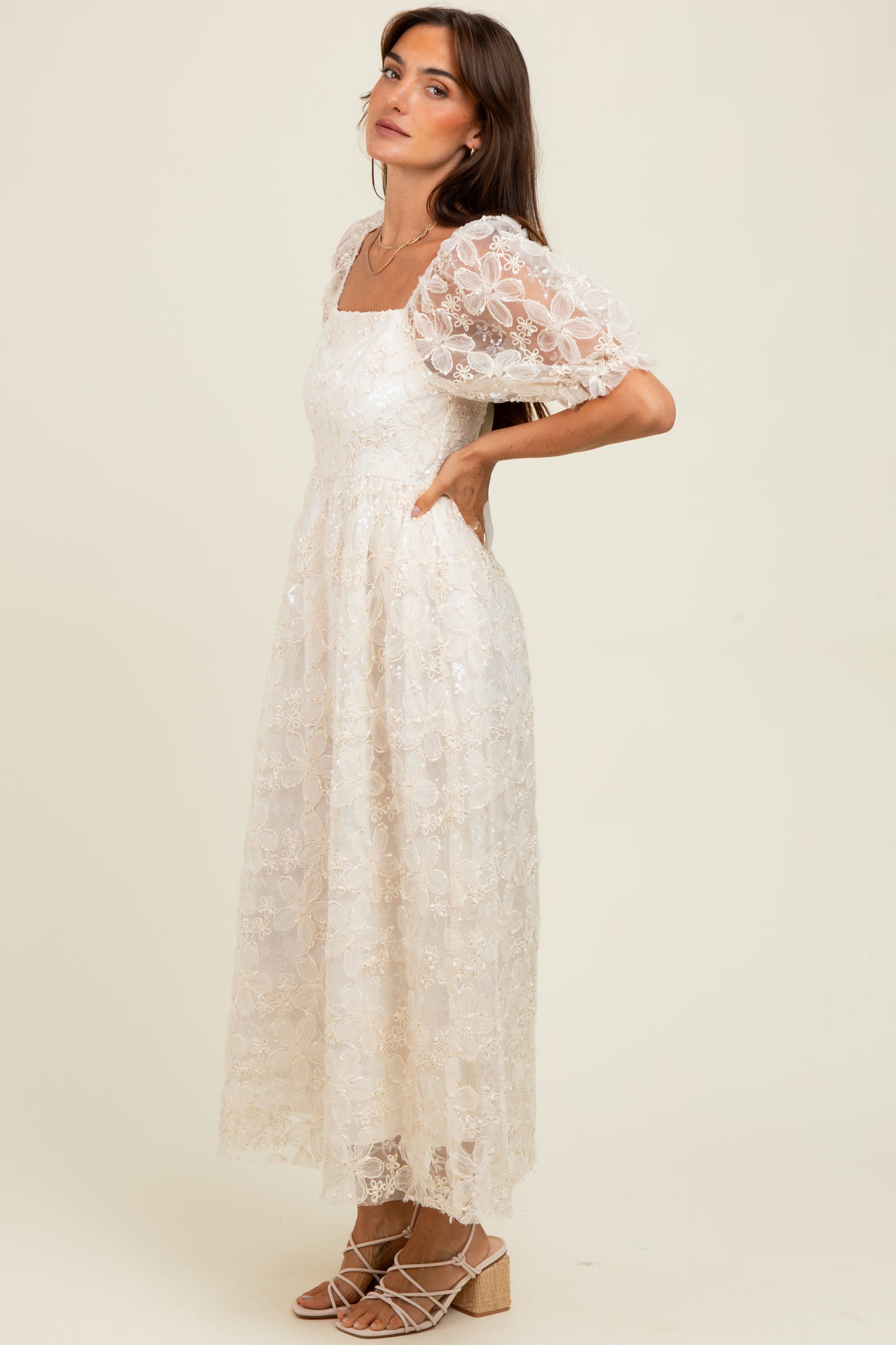 Cream Floral Mesh Overlay Tie Back Midi Dress