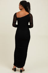 Black Ruched Mesh One Shoulder Long Sleeve Maxi Dress