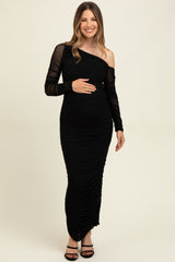 Black Ruched Mesh One Shoulder Long Sleeve Maternity Maxi Dress