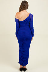 Royal Ruched Mesh One Shoulder Long Sleeve Maternity Maxi Dress