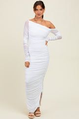 White Ruched Mesh One Shoulder Long Sleeve Maxi Dress