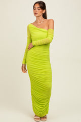 Lime Ruched Mesh One Shoulder Long Sleeve Maternity Maxi Dress