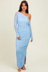 Light Blue Ruched Mesh One Shoulder Long Sleeve Maxi Dress