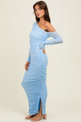 Light Blue Ruched Mesh One Shoulder Long Sleeve Maxi Dress