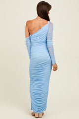 Light Blue Ruched Mesh One Shoulder Long Sleeve Maxi Dress