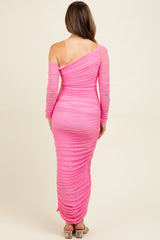 Pink Ruched Mesh One Shoulder Long Sleeve Maternity Maxi Dress