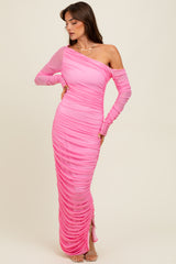 Pink Ruched Mesh One Shoulder Long Sleeve Maxi Dress
