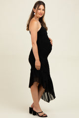 Black Ruched Mesh One Shoulder Asymmetric Maternity Dress