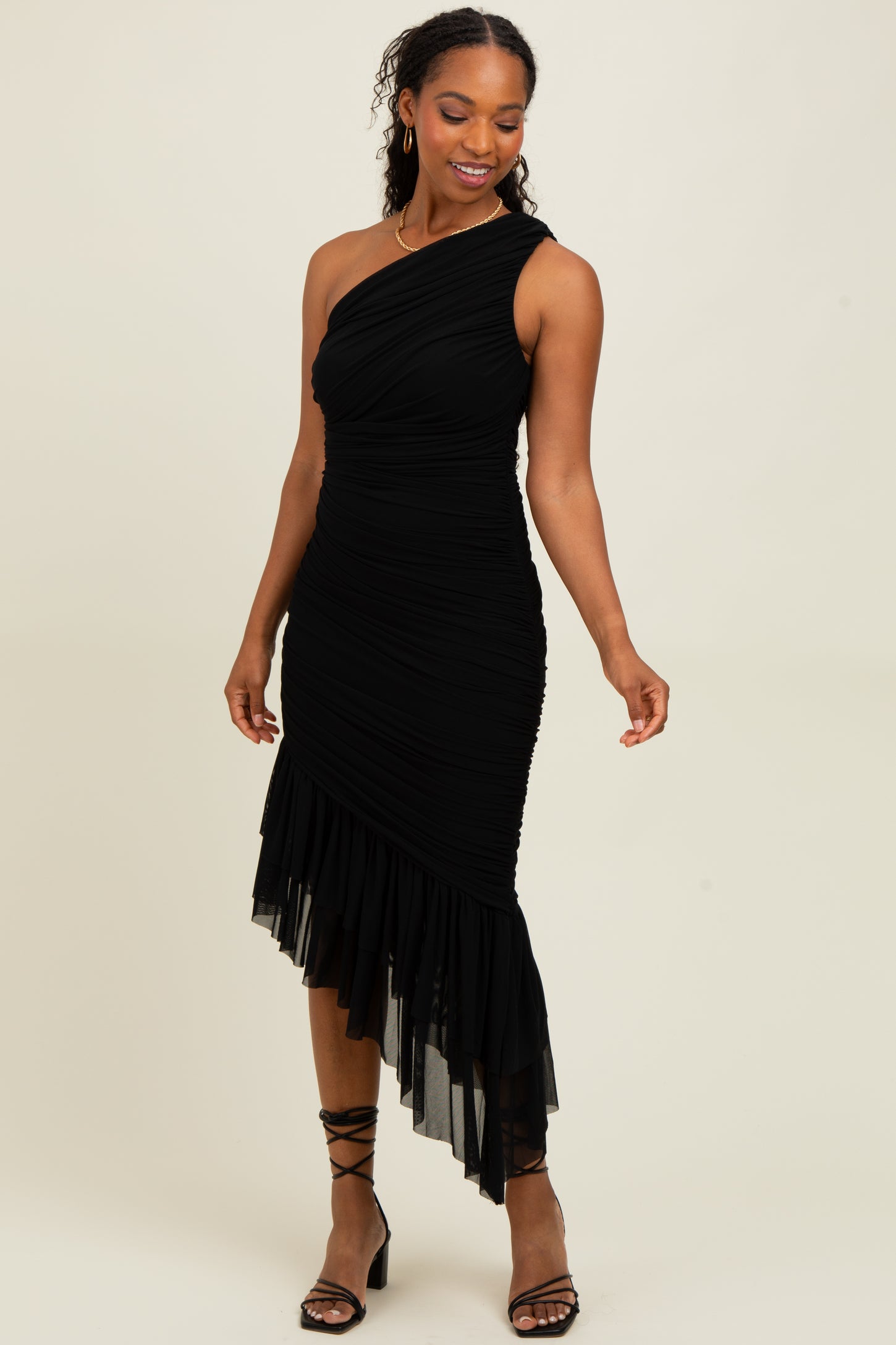 Black Ruched Mesh One Shoulder Asymmetric Dress