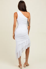 White Ruched Mesh One Shoulder Asymmetric Dress