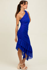Royal Ruched Mesh One Shoulder Asymmetric Dress