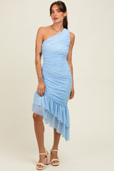 Light Blue Ruched Mesh One Shoulder Asymmetric Dress