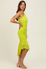 Lime Ruched Mesh One Shoulder Asymmetric Dress