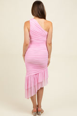Light Pink Ruched Mesh One Shoulder Asymmetric Maternity Dress