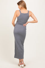 Charcoal Ribbed Fitted Side Slit Maternity Midi Dress