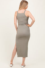 Light Olive Ribbed Fitted Side Slit Maternity Midi Dress