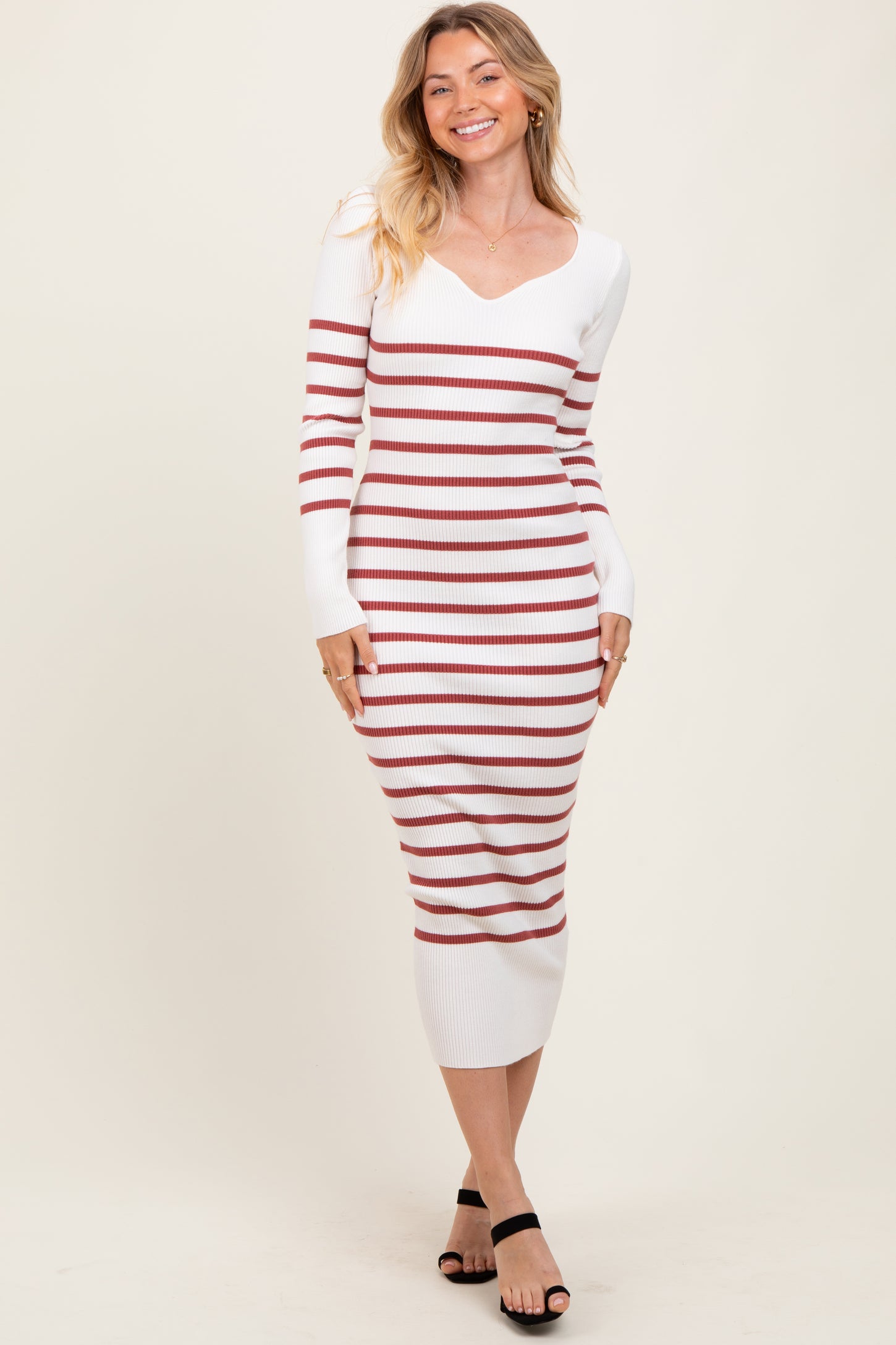 Mauve Ribbed Knit Striped Long Sleeve Sweater Dress