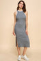 Charcoal/Soft White High Neck Ribbed Sleeveless Midi Dress