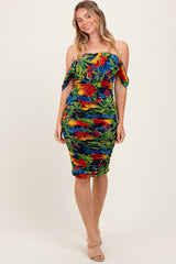 Black Tropical Mesh Ruched Off Shoulder Dress