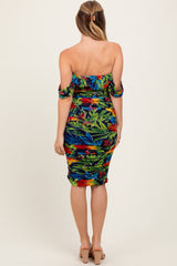 Black Tropical Mesh Ruched Off Shoulder Dress