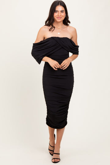 Black Off Shoulder Draped Ruched Midi Dress