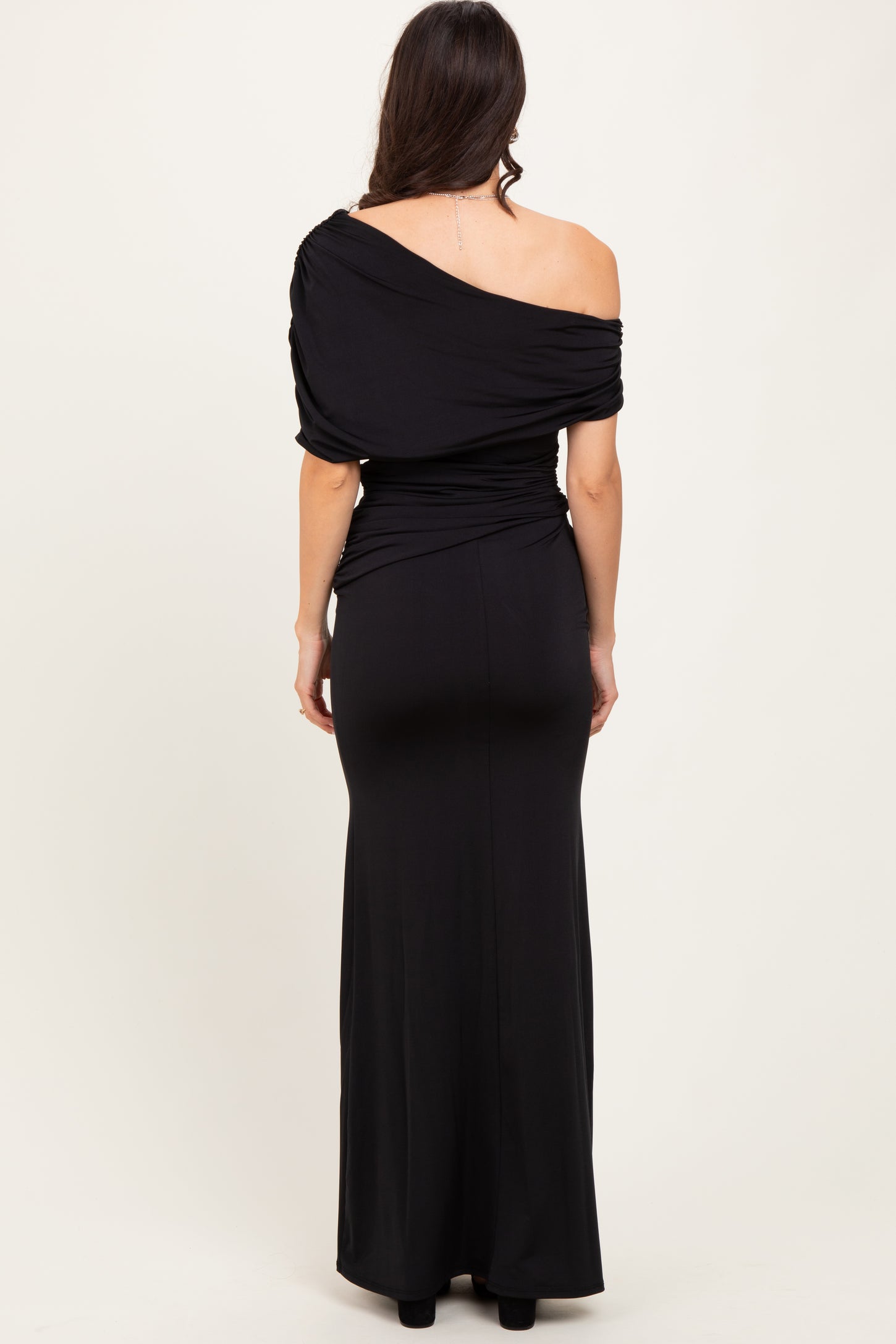 Black Off Shoulder Foldover Ruched Maxi Dress