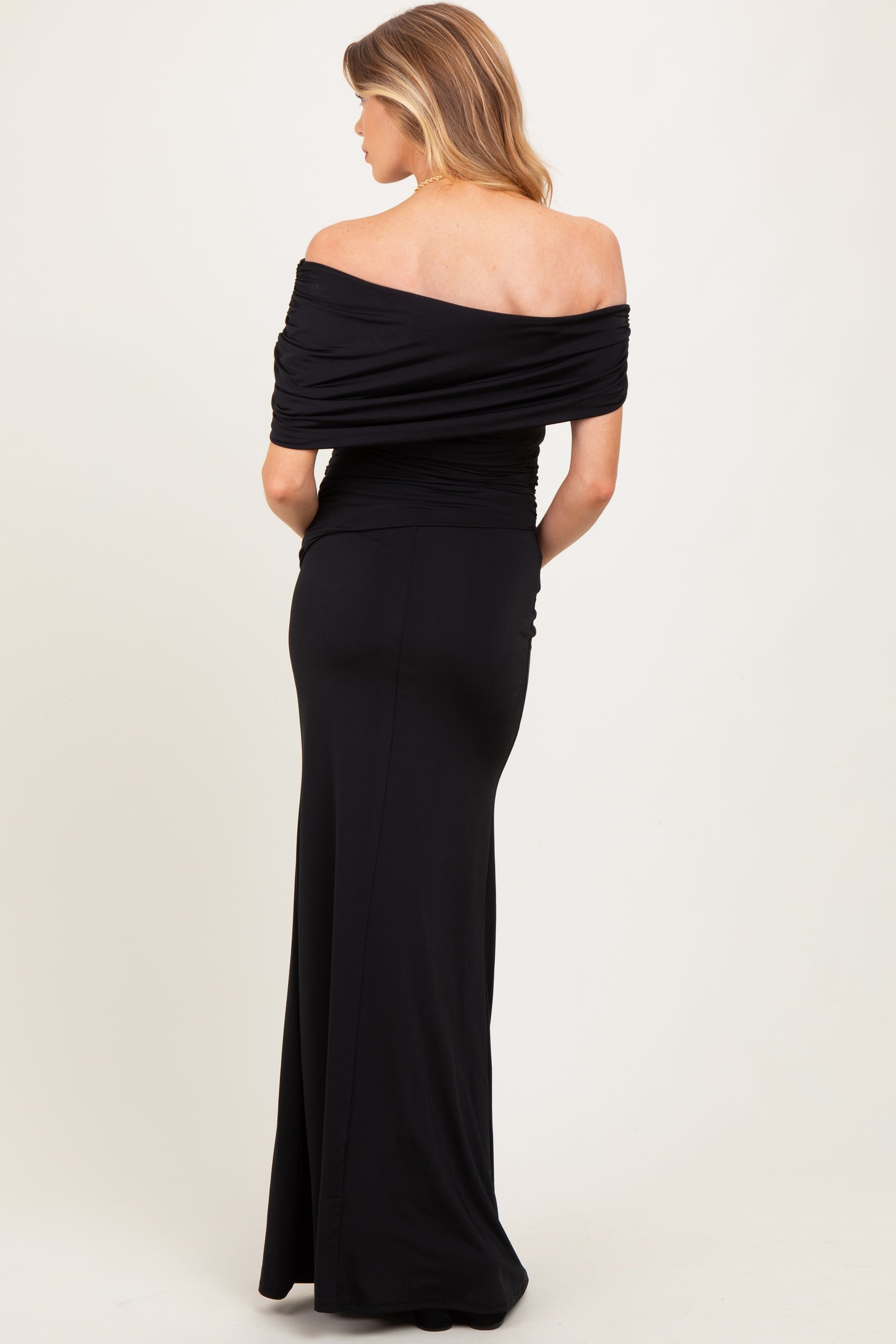 Black Off Shoulder Foldover Ruched Maternity Maxi Dress