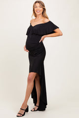 Black Off Shoulder Ruffle Hi-Low Maternity Maxi Dress
