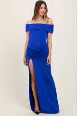 Royal Foldover Off Shoulder Ruched High Slit Maternity Maxi Dress