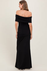 Black Foldover Off Shoulder Ruched High Slit Maxi Dress