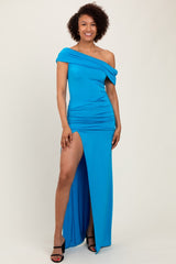 Turquoise Foldover Off Shoulder Ruched High Slit Maternity Maxi Dress