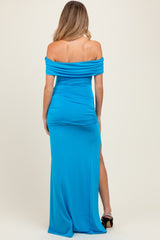 Turquoise Foldover Off Shoulder Ruched High Slit Maternity Maxi Dress