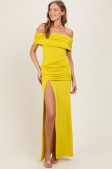 Lime Foldover Off Shoulder Ruched High Slit Maxi Dress