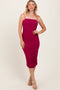 Magenta Ruched Mesh Sleeveless Midi Dress