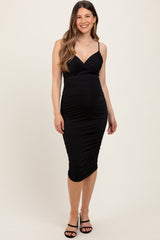 Black Ruched Sweetheart Neckline Maternity Midi Dress