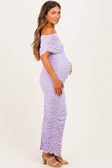 Lavender Ruched Mesh Foldover Off Shoulder Maternity Maxi Dress