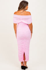 Light Pink Ruched Mesh Foldover Off Shoulder Maternity Maxi Dress